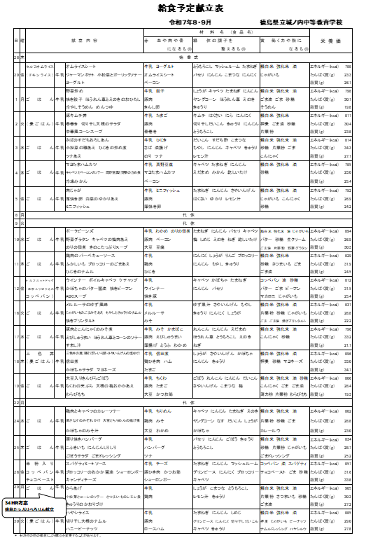 献立表９月（城）